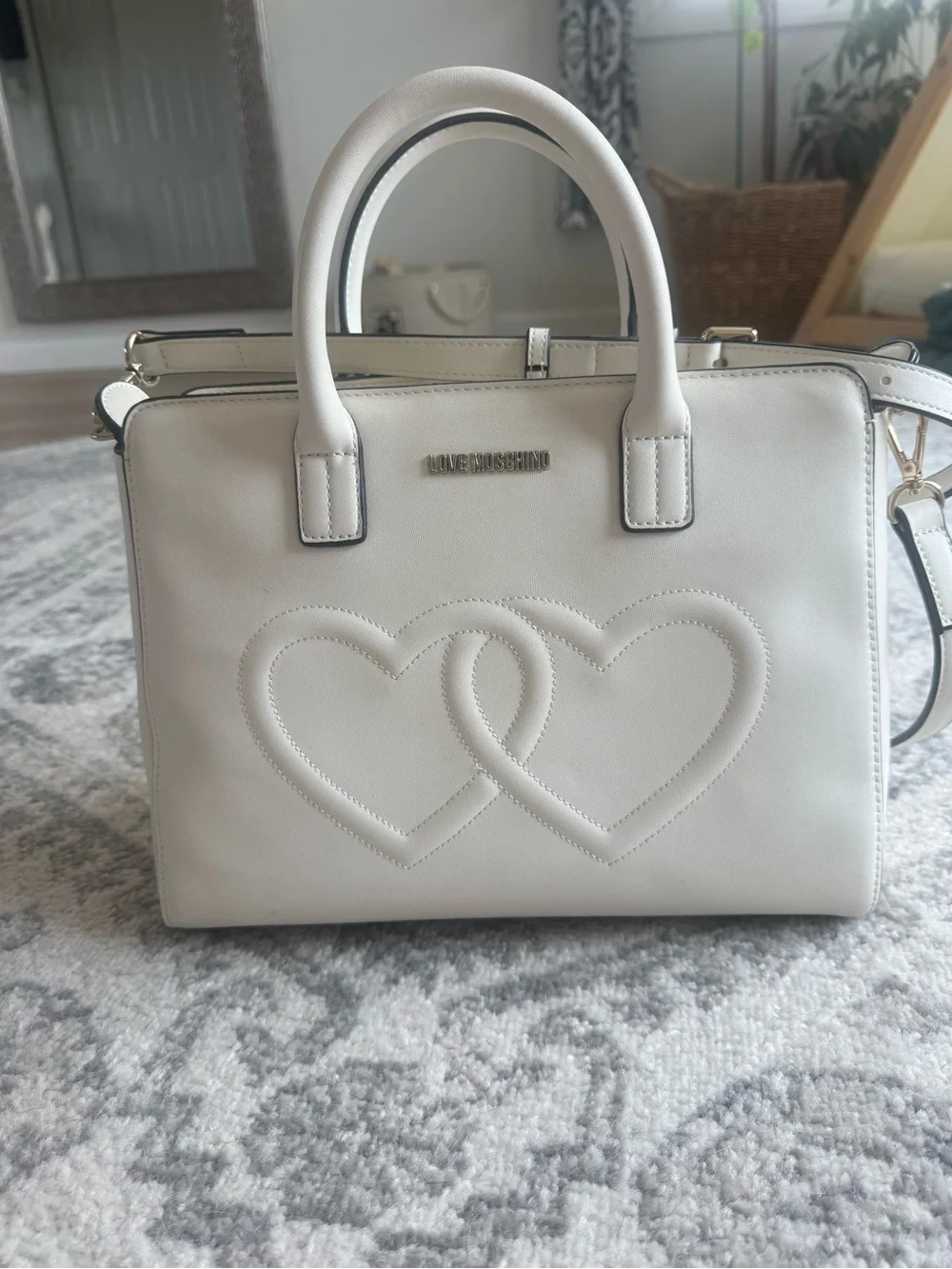 Love Moschino White Double-Heart Satchel with Detachable Strap BRAND NEW